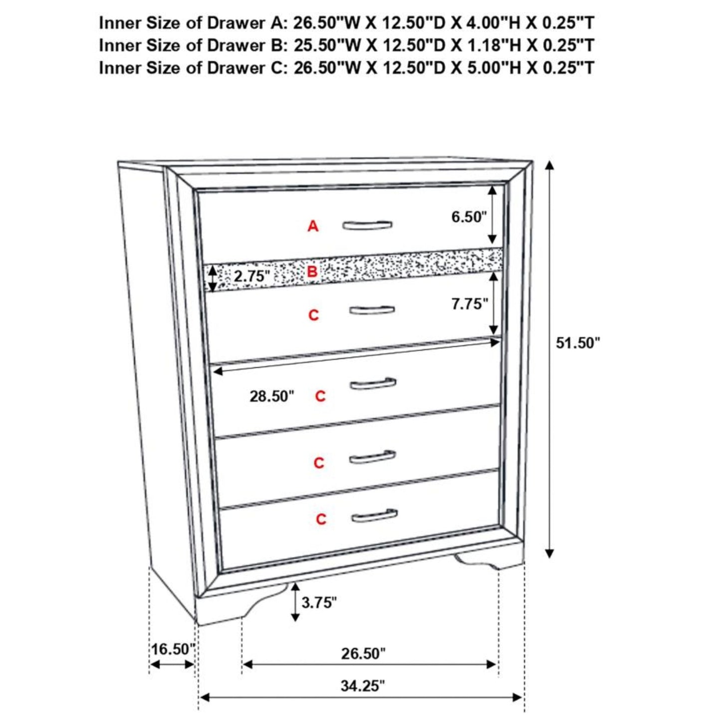 MIRANDA 5-drawer Chest White and Rhinestone