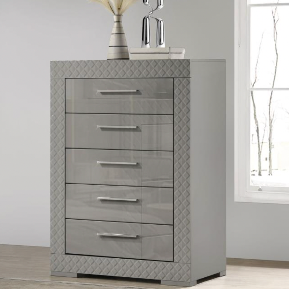 IVES 5-drawer Bedroom Chest of Drawers Grey High Gloss