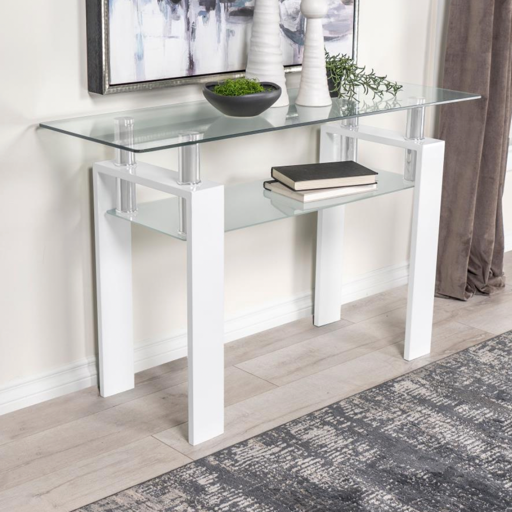 DYER Rectangular Glass Top Entryway Sofa Console Table White