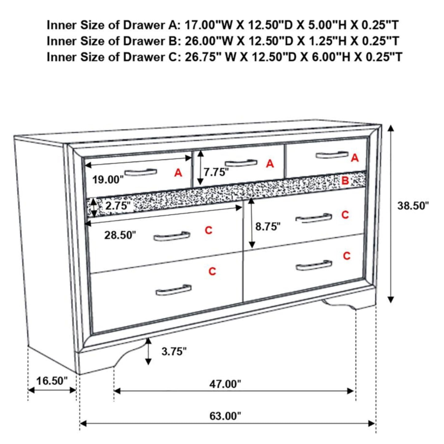 MIRANDA 7-drawer Dresser White and Rhinestone