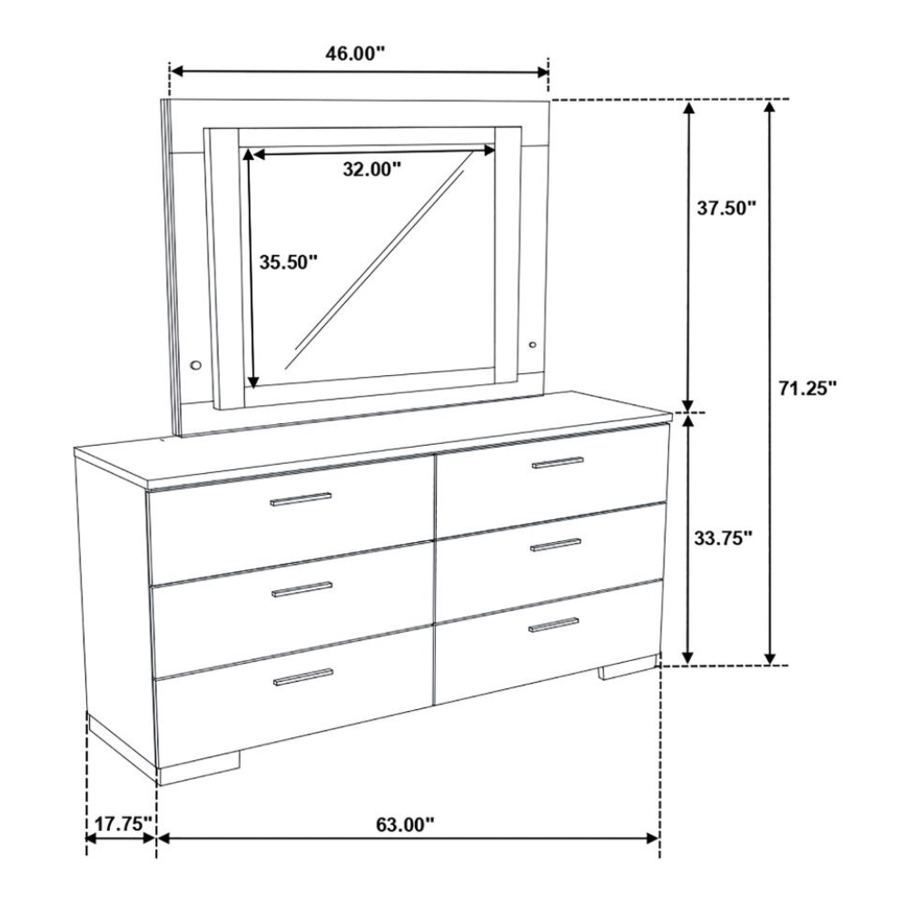 FELICITY 6-drawer Dresser with LED Mirror White High Gloss