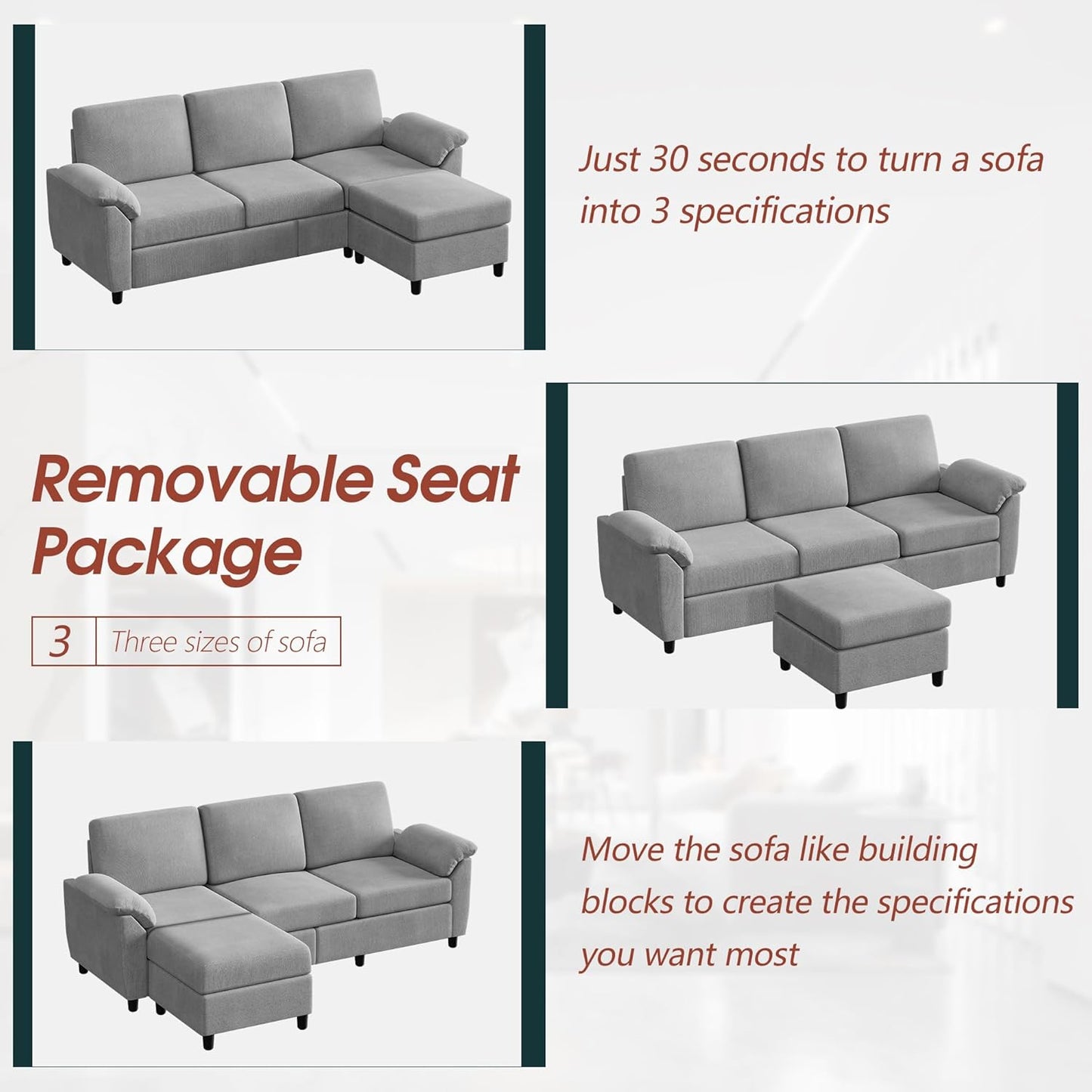 BRIZO 3 Seat L Shaped Sectional Sofa with Removable Pillows Light Grey