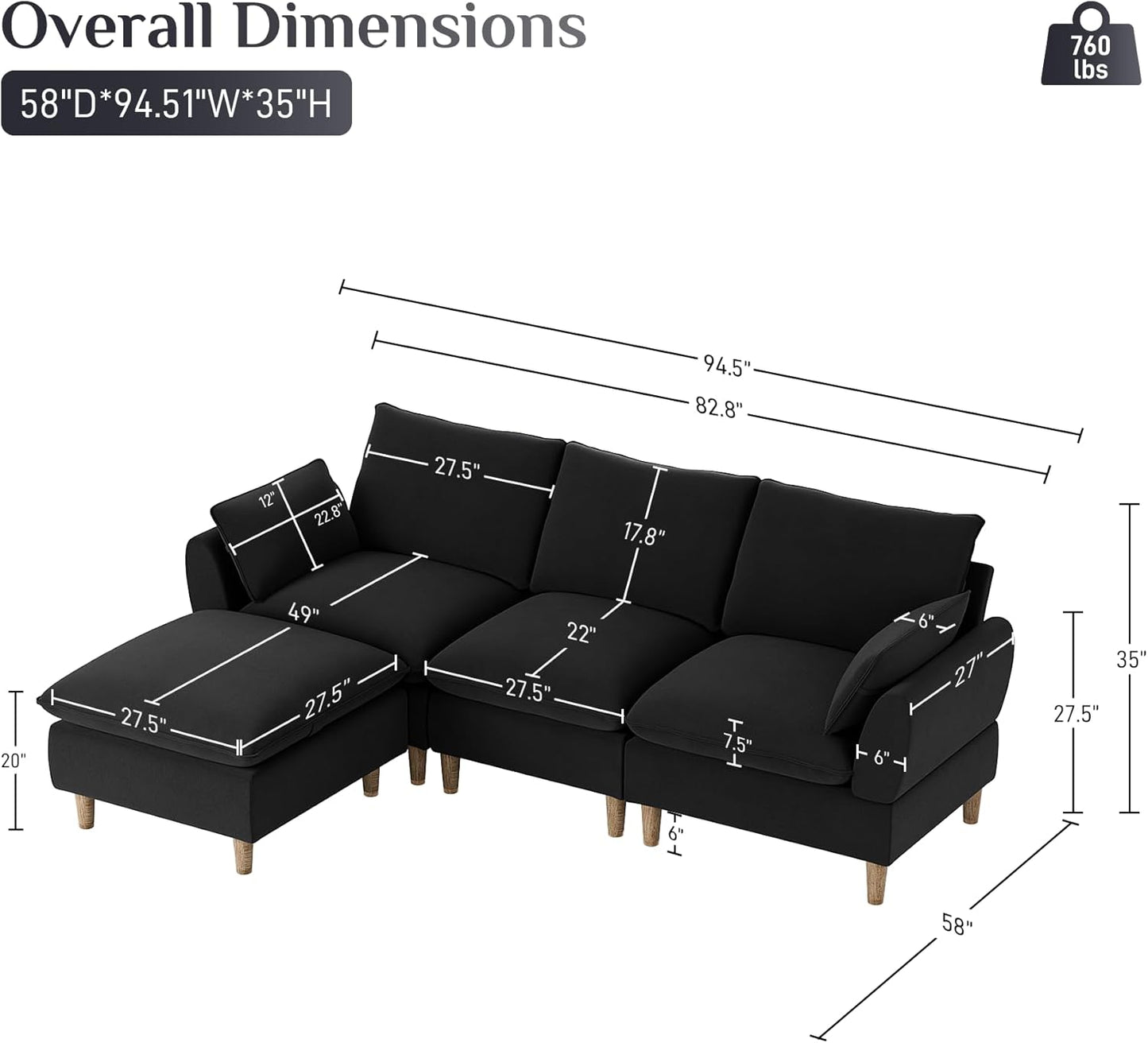 VETRA Modular Sectional Cloud Sofa Black
