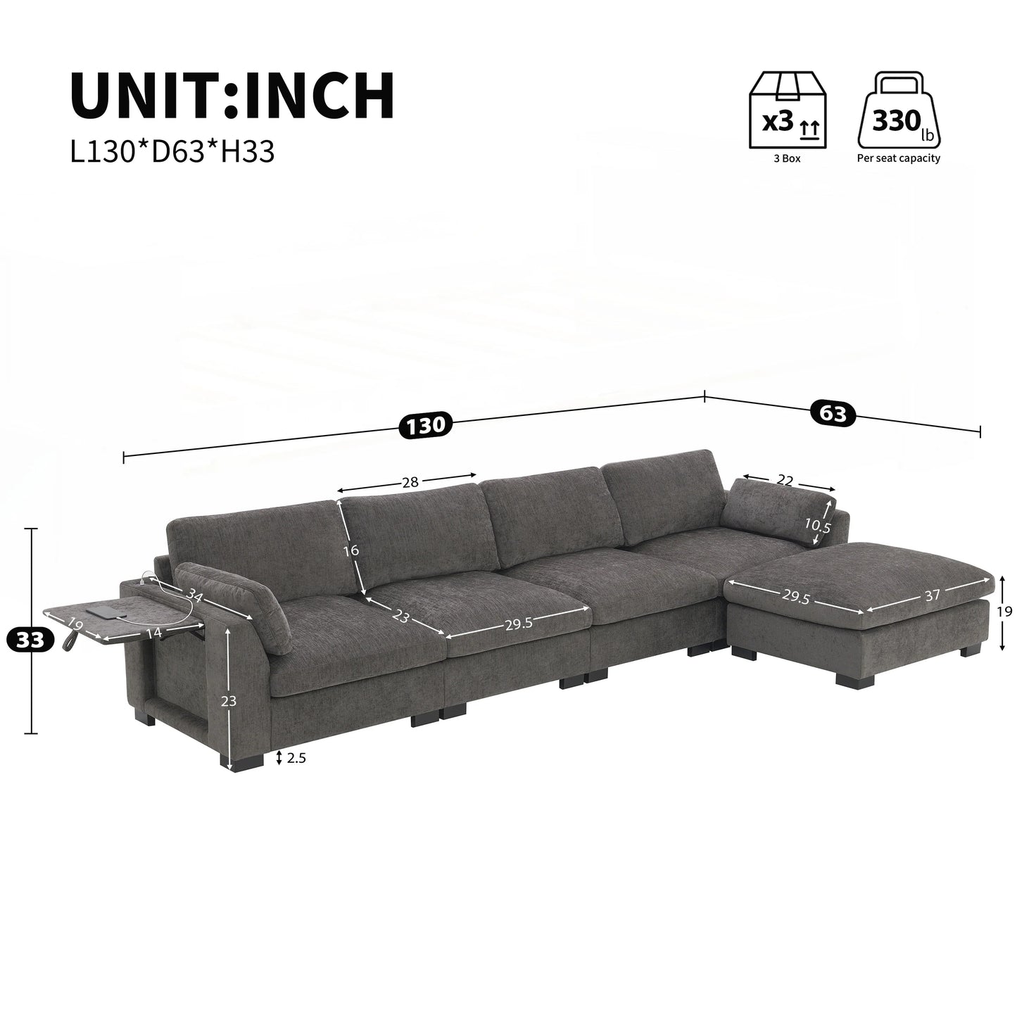 YANO 130" Modular Sectional Sofa with Dual Charging Port Grey