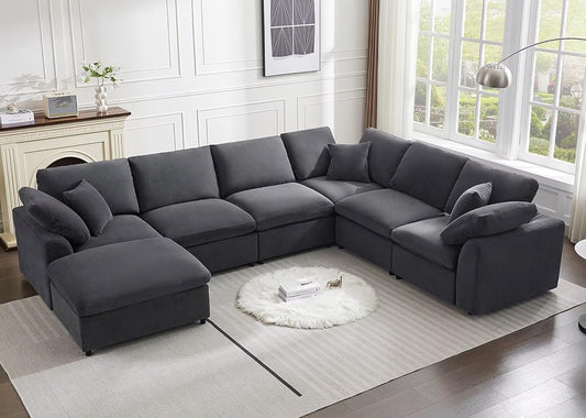 SINTEL Modern 7-Seater Modular Sectional Sofa Chenille Dark Grey