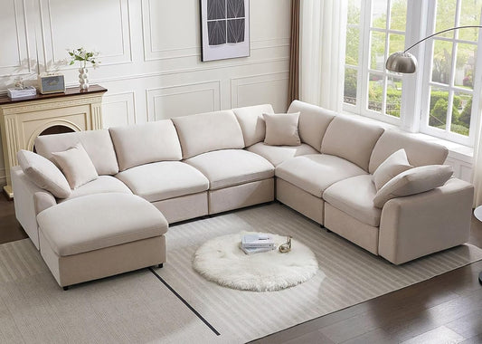 SINTEL Modern 7-Seater Modular Sectional Sofa Beige Chenille Beige