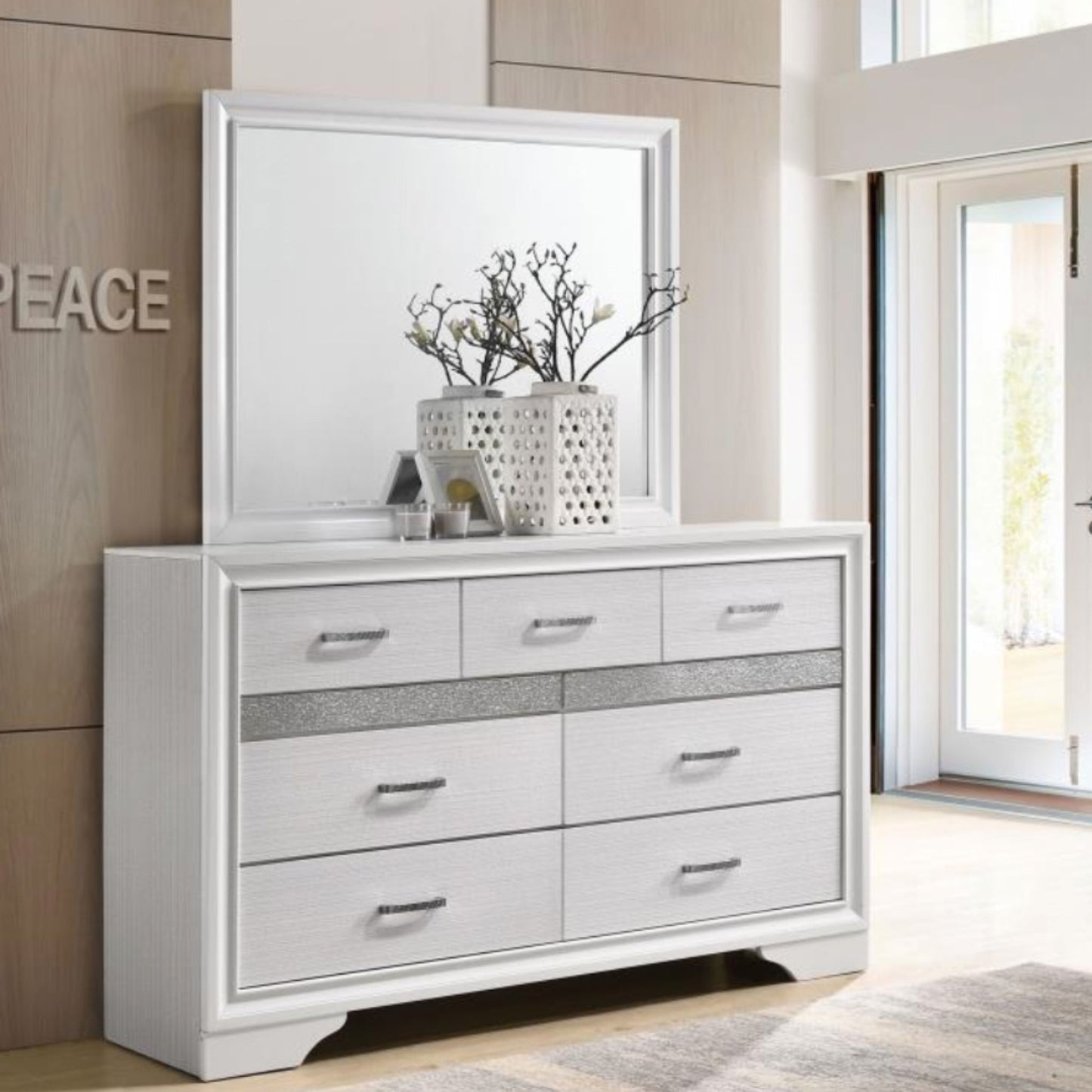 MIRANDA 7-drawer Dresser with Mirror White and Rhinestone
