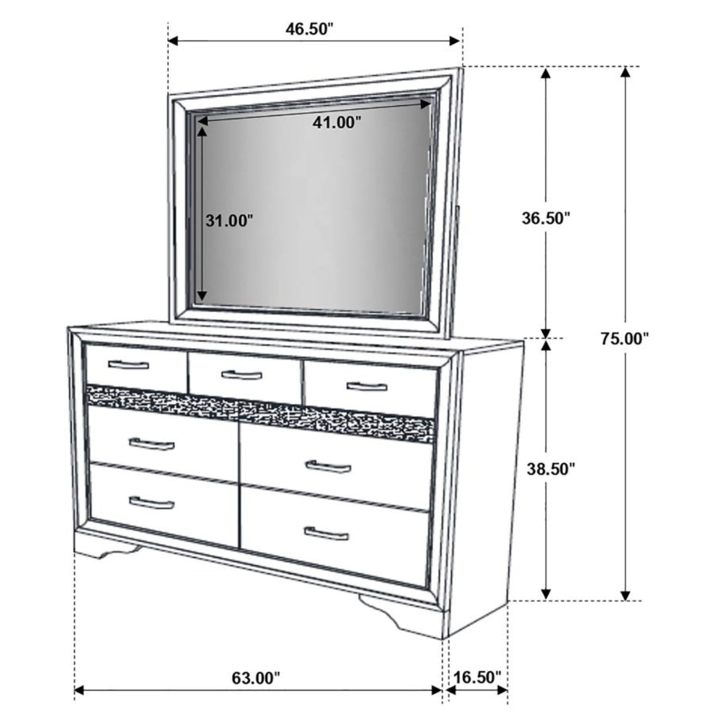 MIRANDA 7-drawer Dresser with Mirror White and Rhinestone