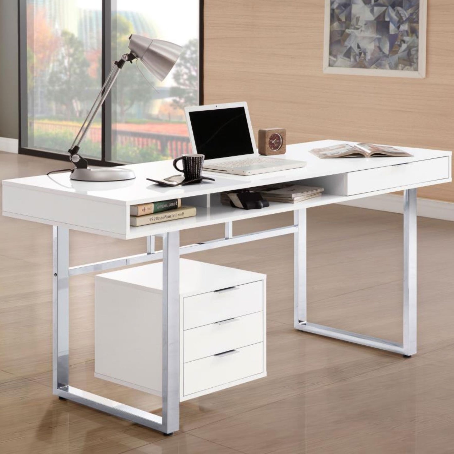 WHITMAN 4-drawer Writing Desk Glossy White