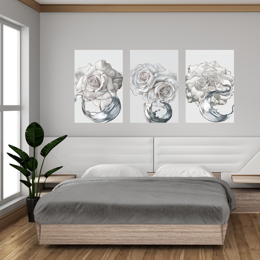 LETO White Rose With Silver Edge Modern Wall Art
