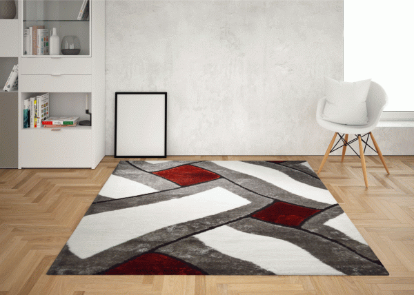 Bosforo Squares 3D Shaggy Rug White, Black and Red GR1008