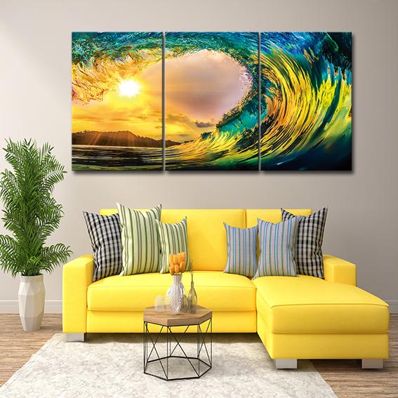 Yellow and Blue Wave Tempered Glass Print 73x35
