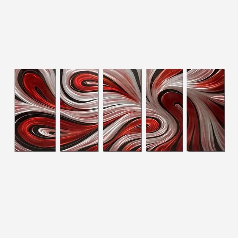 Silver and Red Abstract Art Set of 5 Aluminum Panels