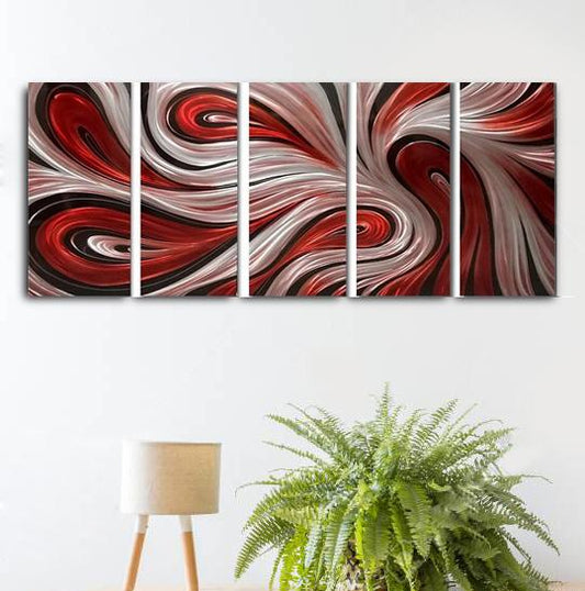 Silver and Red Abstract Art Set of 5 Aluminum Panels